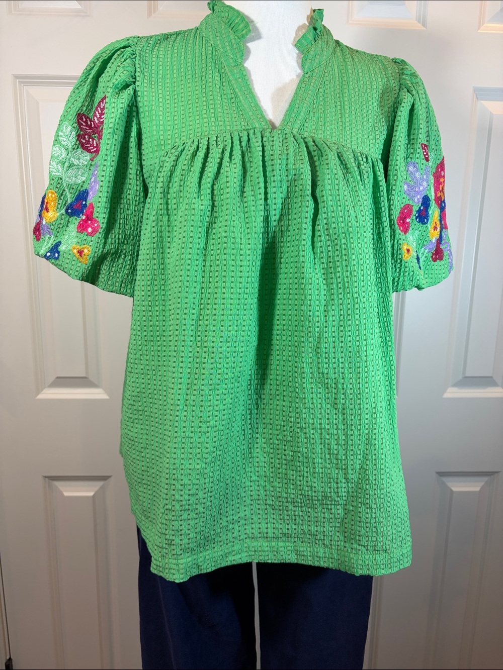 Umgee Bright Green Embroidered Puff-Sleeve Tunic